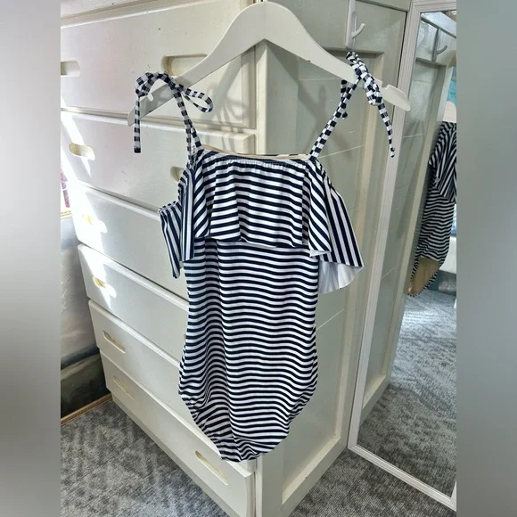 Albion The Wave Pana Stripe Ruffle Bow Tie Shoulder One Piece Swimsuit☀️ - Picture 6 of 12